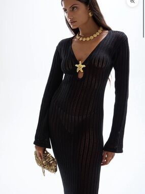 Black Maxi Knit Cover-Up Dress with Gold Accent